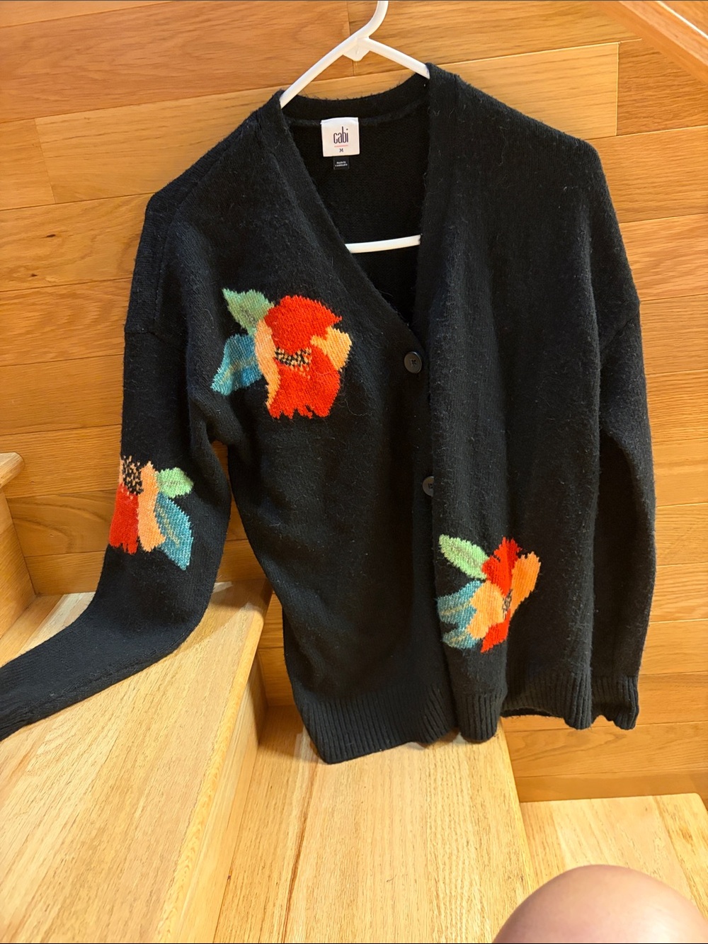 CAbi Black Buttoned Cardigan with Bold Floral Motifs